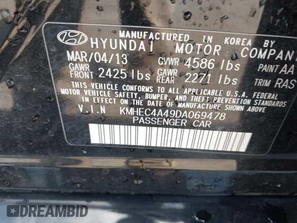 ✅ 2013 Hyundai Sonata • VIN: KMHEC4A49DA069478 • Lot: 43094098. Listed on IAAI with 139,346 mi. Free auction sales archive from the USA and detailed vehicle history report at DreamBid. Image 9.