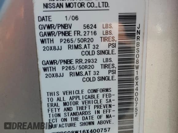 ✅ 2006 Infiniti FX • VIN: JNRBS08W16X400757 • Лот: 59378795. Опубликован ранее на Copart с пробегом 140 292 миль. Бесплатный доступ к архиву аукционных продаж из США и подробный отчёт об истории автомобиля на DreamBid. Изображение 13.