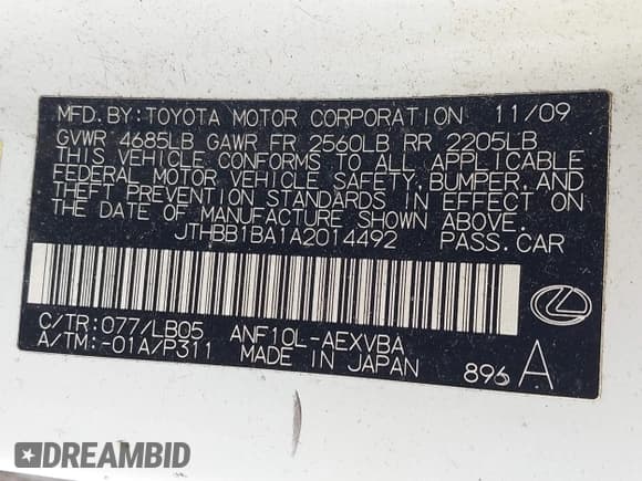 ✅ 2010 Lexus HS 250h Premium • VIN: JTHBB1BA1A2014492 • Lot: 43390649. Listed on IAAI with 249,080 mi. Free auction sales archive from the USA and detailed vehicle history report at DreamBid. Image 9.