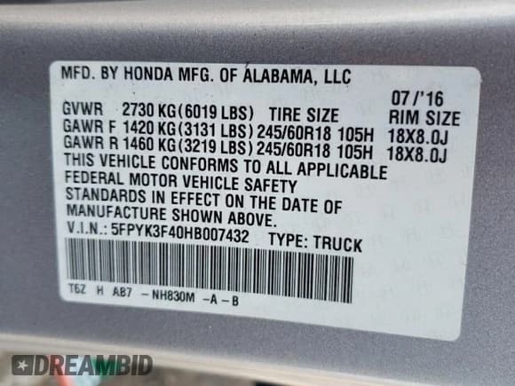 ✅ 2017 Honda Ridgeline RTS • VIN: 5FPYK3F40HB007432 • Lot: 59327775. Wystawiony na Copart z przebiegiem 179 742 mil. Bezpłatny archiwum sprzedaży aukcyjnych z USA i szczegółowy raport historii pojazdu na DreamBid. Zdjęcie 12.