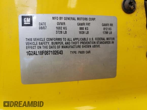 ✅ 2008 Pontiac G5 • VIN: 1G2AL18F087102643 • Lot: 68309224. Wystawiony na Copart z przebiegiem 199 603 mil. Bezpłatny archiwum sprzedaży aukcyjnych z USA i szczegółowy raport historii pojazdu na DreamBid. Zdjęcie 12.