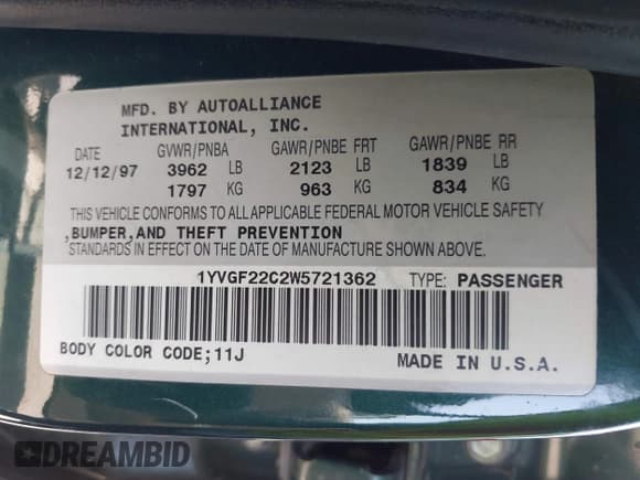 ✅ 1998 Mazda 626 DX • VIN: 1YVGF22C2W5721362 • Лот: 42608127. Опубликован ранее на IAAI с пробегом 88 859 миль. Бесплатный доступ к архиву аукционных продаж из США и подробный отчёт об истории автомобиля на DreamBid. Изображение 9.