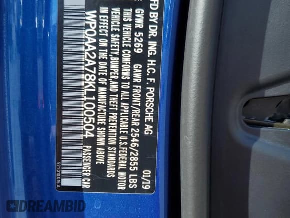 ✅ 2019 Porsche Panamera • VIN: WP0AA2A78KL100504 • Лот: 87271445. Опубликован ранее на Copart с пробегом 52 532 миль. Бесплатный доступ к архиву аукционных продаж из США и подробный отчёт об истории автомобиля на DreamBid. Изображение 13.