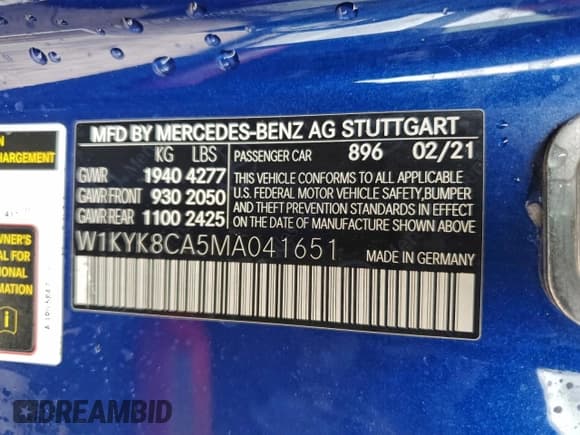 ✅ 2021 Mercedes-Benz AMG GT • VIN: W1KYK8CA5MA041651 • Лот: 92112285. Опубликован ранее на Copart с пробегом 30 748 миль. Бесплатный доступ к архиву аукционных продаж из США и подробный отчёт об истории автомобиля на DreamBid. Изображение 12.