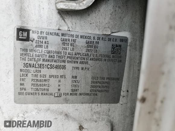 ✅ 2012 Chevrolet Captiva Sport LT • VIN: 3GNAL3E51CS646606 • Lot: 48075265. Wystawiony na Copart z przebiegiem 259 205 mil. Bezpłatny archiwum sprzedaży aukcyjnych z USA i szczegółowy raport historii pojazdu na DreamBid. Zdjęcie 13.