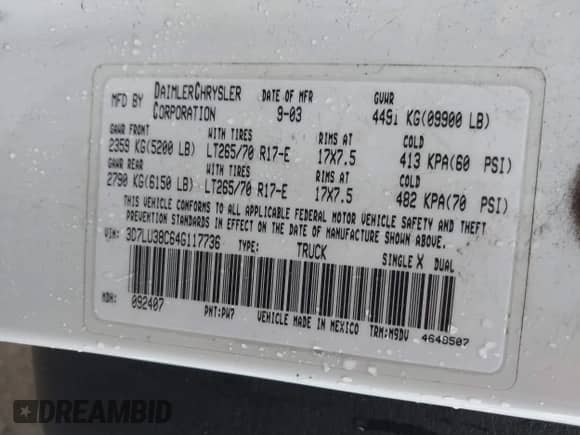 2004 Dodge 3500 ST with VIN 3D7LU38C64G117736, listed as a IAAI auction lot 42058492 with 229,102 mi miles and . Bid and sale history available at DreamBid. Image 9.