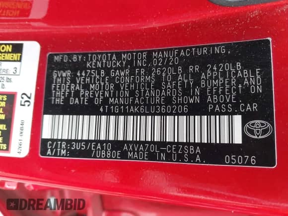 2020 Toyota Camry SE с VIN 4T1G11AK6LU360206, выставлен на аукционе IAAI как лот 43180776 с пробегом 123 421 миль миль и . История ставок и продаж доступна на DreamBid. Изображение 9.