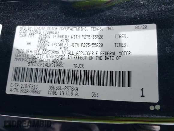 ✅ 2020 Toyota Tundra SR5 • VIN: 5TFDY5F14LX919955 • Lot: 42760590. Wystawiony na IAAI z przebiegiem 84 583 mil. Bezpłatny archiwum sprzedaży aukcyjnych z USA i szczegółowy raport historii pojazdu na DreamBid. Zdjęcie 9.