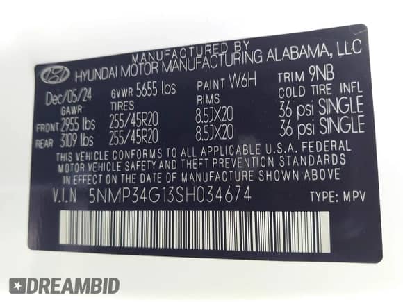 2025 Hyundai Santa Fe Limited с VIN 5NMP34G13SH034674, выставлен на аукционе IAAI как лот 41951666 с пробегом 4 385 миль миль и . История ставок и продаж доступна на DreamBid. Изображение 9.