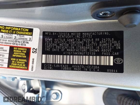 2022 Toyota Camry SE z VIN 4T1G11AKXNU712139, wystawiony jako IAAI lot #43506666 z przebiegiem 13 941 mil mil oraz . Historia ofert i sprzedaży dostępna na DreamBid. Obrazek 9.