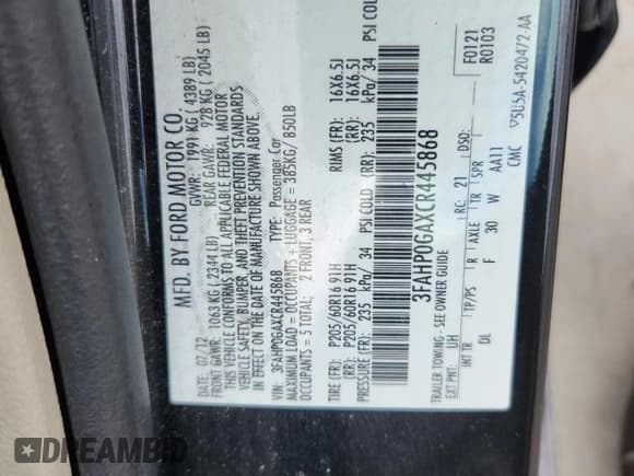 ✅ 2012 Ford Fusion S • VIN: 3FAHP0GAXCR445868 • Лот: 64950395. Опубликован ранее на Copart с пробегом 121 106 миль. Бесплатный доступ к архиву аукционных продаж из США и подробный отчёт об истории автомобиля на DreamBid. Изображение 12.