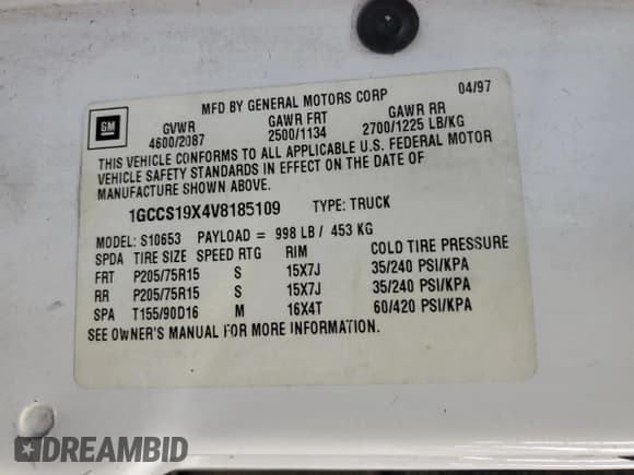 ✅ 1997 Chevrolet S-10 LS • VIN: 1GCCS19X4V8185109 • Лот: 84201994. Опубликован ранее на Copart с пробегом 168 485 миль. Бесплатный доступ к архиву аукционных продаж из США и подробный отчёт об истории автомобиля на DreamBid. Изображение 12.
