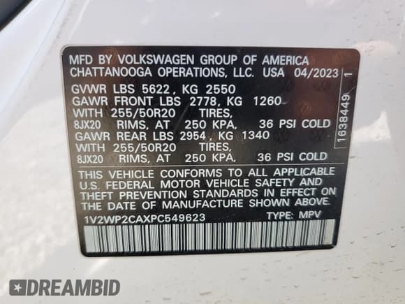 ✅ 2023 Volkswagen Atlas SE • VIN: 1V2WP2CAXPC549623 • Lot: 52994835. Listed on Copart with 40,868 mi. Free auction sales archive from the USA and detailed vehicle history report at DreamBid. Image 14.