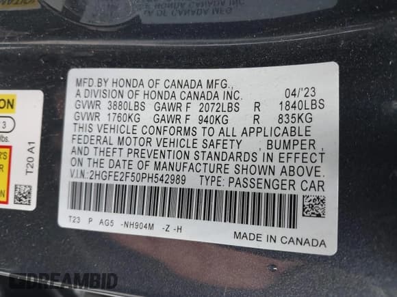 ✅ 2023 Honda Civic Sport • VIN: 2HGFE2F50PH542989 • Lot: 42184805. Wystawiony na IAAI z przebiegiem Nie podano. Bezpłatny archiwum sprzedaży aukcyjnych z USA i szczegółowy raport historii pojazdu na DreamBid. Zdjęcie 9.