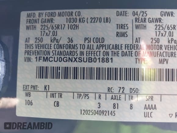 ✅ 2025 Ford Escape Active • VIN: 1FMCU0GNXSUB01881 • Лот: 43830791. Опубликован ранее на IAAI с пробегом 13 884 миль. Бесплатный доступ к архиву аукционных продаж из США и подробный отчёт об истории автомобиля на DreamBid. Изображение 9.