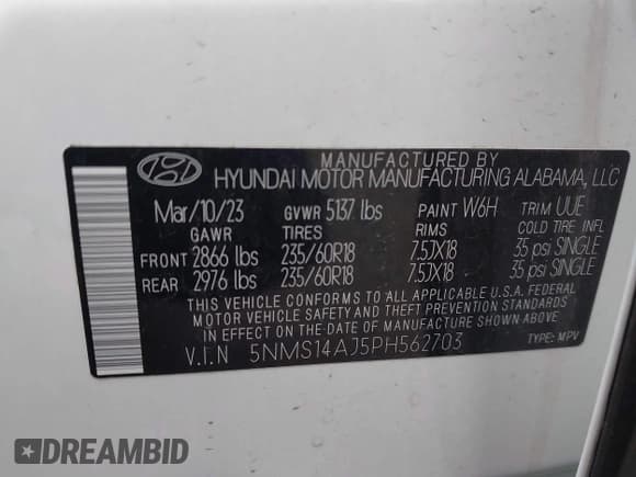 ✅ 2023 Hyundai Santa Fe SE • VIN: 5NMS14AJ5PH562703 • Lot: 43627051. Listed on IAAI with 38,143 mi. Free auction sales archive from the USA and detailed vehicle history report at DreamBid. Image 9.