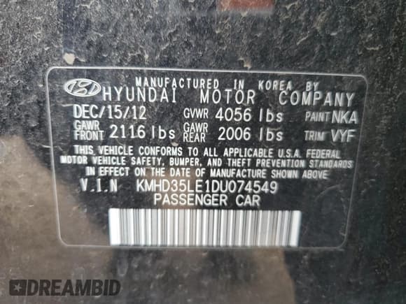 ✅ 2013 Hyundai Elantra • VIN: KMHD35LE1DU074549 • Lot: 82396605. Listed on Copart with 112,243 mi. Free auction sales archive from the USA and detailed vehicle history report at DreamBid. Image 12.