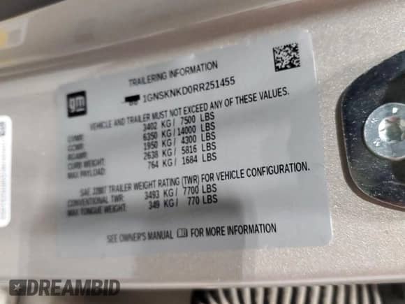 2024 Chevrolet Tahoe LT z VIN 1GNSKNKD0RR251455, wystawiony jako Copart lot #57043125 z przebiegiem 8 530 mil mil oraz Szkoda całkowita • Salvage title. Historia ofert i sprzedaży dostępna na DreamBid. Obrazek 13.