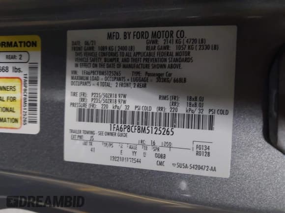 ✅ 2021 Ford Mustang GT • VIN: 1FA6P8CF8M5125265 • Lot: 43448790. Listed on IAAI with 93,670 mi. Free auction sales archive from the USA and detailed vehicle history report at DreamBid. Image 9.