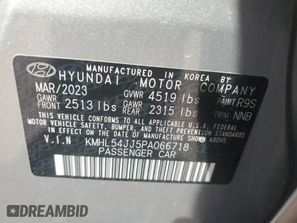 2023 Hyundai Sonata Limited with VIN KMHL54JJ5PA066718, listed as a Copart auction lot 80369045 with 74,349 mi miles and Salvage title. Bid and sale history available at DreamBid. Image 12.