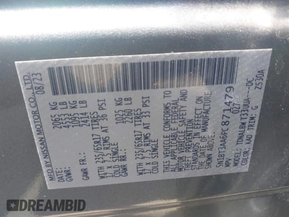 ✅ 2023 Nissan Rogue S • VIN: 5N1BT3AA6PC871479 • Лот: 42868175. Опубликован ранее на IAAI с пробегом 37 402 миль. Бесплатный доступ к архиву аукционных продаж из США и подробный отчёт об истории автомобиля на DreamBid. Изображение 9.