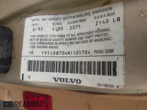 ✅ 1992 Volvo 900 • VIN: YV1JS8704N1101704 • Лот: 41884536. Опубликован ранее на IAAI с пробегом 151 903 миль. Бесплатный доступ к архиву аукционных продаж из США и подробный отчёт об истории автомобиля на DreamBid. Изображение 9.