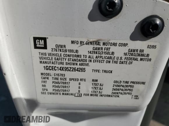 ✅ 2005 Chevrolet Silverado 1500 Work Truck • VIN: 1GCEC14X95Z264265 • Lot: 90753985. Listed on Copart with 172,518 mi. Free auction sales archive from the USA and detailed vehicle history report at DreamBid. Image 12.