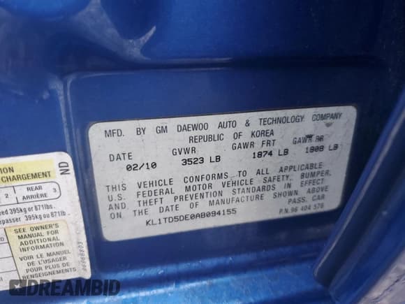 ✅ 2010 Chevrolet Aveo 1LT • VIN: KL1TD5DE0AB094155 • Lot: 44190935. Wystawiony na Copart z przebiegiem Nie podano. Bezpłatny archiwum sprzedaży aukcyjnych z USA i szczegółowy raport historii pojazdu na DreamBid. Zdjęcie 12.