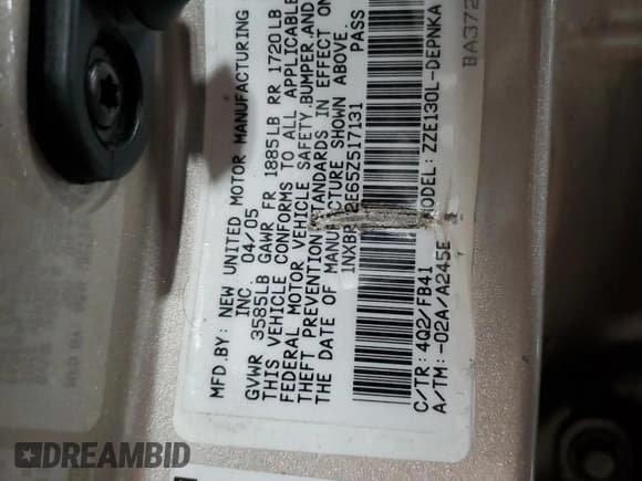 ✅ 2005 Toyota Corolla CE • VIN: 1NXBR32E65Z517131 • Lot: 91895355. Listed on Copart with 110,436 mi. Free auction sales archive from the USA and detailed vehicle history report at DreamBid. Image 12.