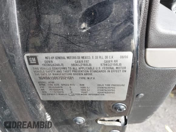 ✅ 2007 Chevrolet HHR LS • VIN: 3GNDA13D57S521681 • Lot: 40943600. Listed on IAAI with 167,850 mi. Free auction sales archive from the USA and detailed vehicle history report at DreamBid. Image 9.