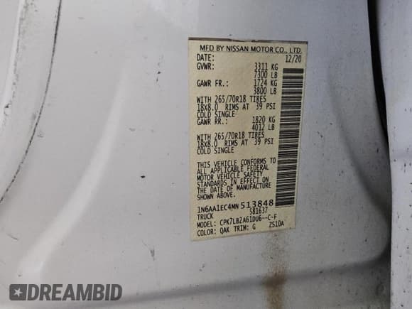 ✅ 2021 Nissan Titan SV • VIN: 1N6AA1EC4MN513848 • Lot: 69156775. Wystawiony na Copart z przebiegiem 123 946 mil. Bezpłatny archiwum sprzedaży aukcyjnych z USA i szczegółowy raport historii pojazdu na DreamBid. Zdjęcie 12.