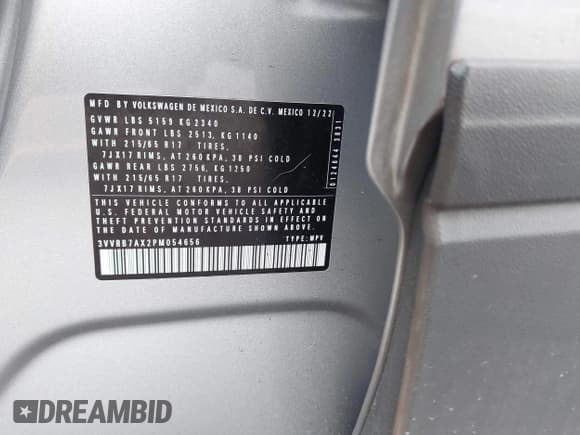 ✅ 2023 Volkswagen Tiguan S • VIN: 3VVRB7AX2PM054656 • Lot: 43660280. Listed on IAAI with 38,934 mi. Free auction sales archive from the USA and detailed vehicle history report at DreamBid. Image 9.