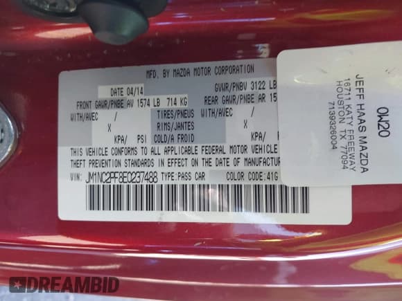 ✅ 2014 Mazda MX-5 Miata Grand Touring • VIN: JM1NC2PF8E0237488 • Lot: 43656713. Listed on IAAI with 47,877 mi. Free auction sales archive from the USA and detailed vehicle history report at DreamBid. Image 9.