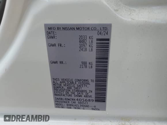 ✅ 2024 Nissan Altima SV • VIN: 1N4BL4DW2RN405689 • Lot: 43276207. Listed on IAAI with 1,948 mi. Free auction sales archive from the USA and detailed vehicle history report at DreamBid. Image 9.