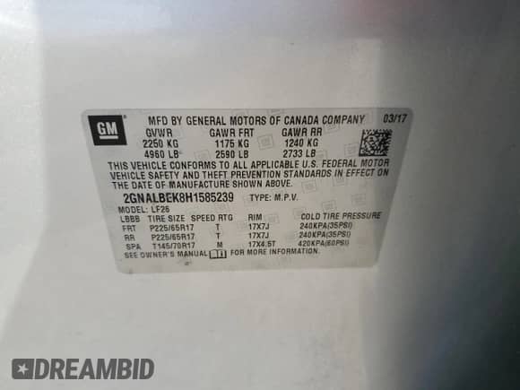 2017 Chevrolet Equinox LS with VIN 2GNALBEK8H1585239, listed as a Copart auction lot 66941465 with 118,300 mi miles and Clean title. Bid and sale history available at DreamBid. Image 13.