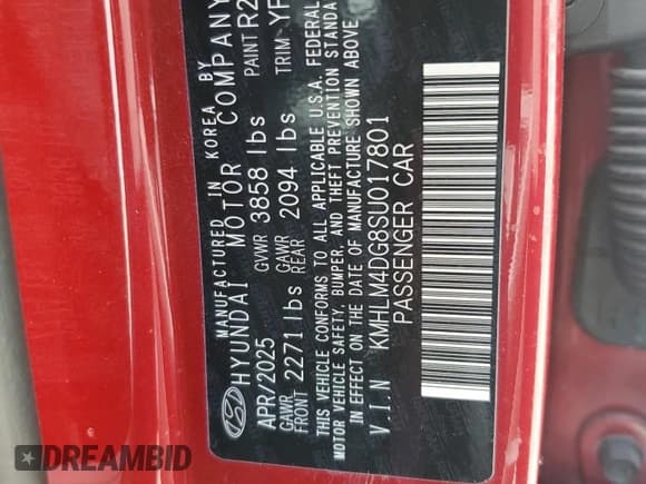 ✅ 2025 Hyundai Elantra SEL Sport • VIN: KMHLM4DG8SU017801 • Lot: 70939855. Listed on Copart with 5,849 mi. Free auction sales archive from the USA and detailed vehicle history report at DreamBid. Image 13.