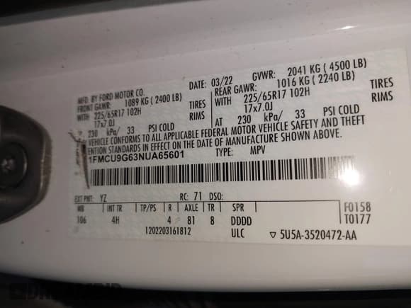 ✅ 2022 Ford Escape SE • VIN: 1FMCU9G63NUA65601 • Lot: 43060001. Wystawiony na IAAI z przebiegiem 62 985 mil. Bezpłatny archiwum sprzedaży aukcyjnych z USA i szczegółowy raport historii pojazdu na DreamBid. Zdjęcie 9.