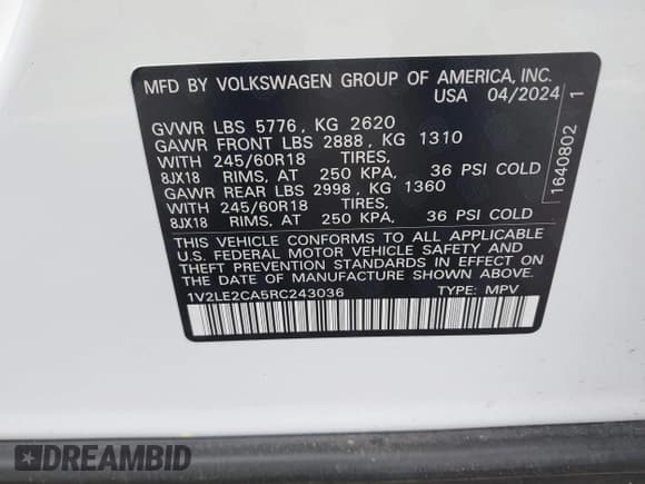 ✅ 2024 Volkswagen Atlas SE • VIN: 1V2LE2CA5RC243036 • Lot: 41860475. Wystawiony na IAAI z przebiegiem 7 766 mil. Bezpłatny archiwum sprzedaży aukcyjnych z USA i szczegółowy raport historii pojazdu na DreamBid. Zdjęcie 9.