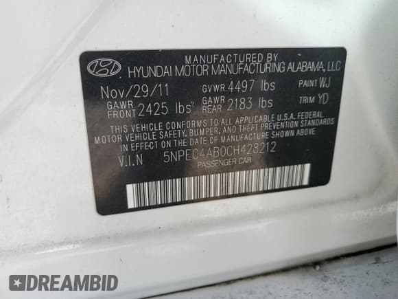 ✅ 2012 Hyundai Sonata Limited • VIN: 5NPEC4AB0CH428212 • Lot: 76359584. Listed on Copart with 106,090 mi. Free auction sales archive from the USA and detailed vehicle history report at DreamBid. Image 13.