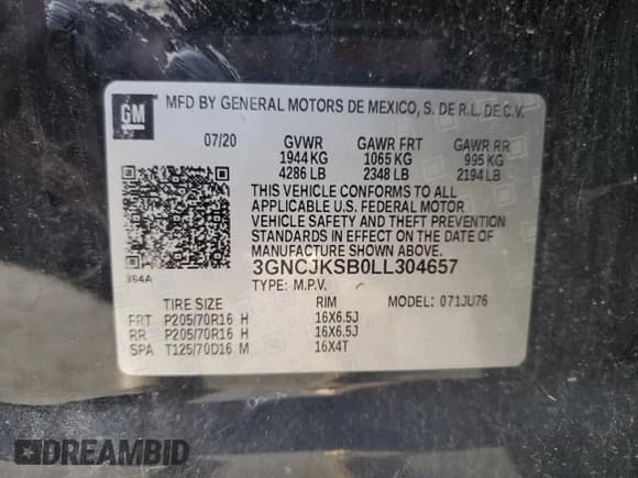 ✅ 2020 Chevrolet Trax LS • VIN: 3GNCJKSB0LL304657 • Lot: 92506955. Listed on Copart with 152,671 mi. Free auction sales archive from the USA and detailed vehicle history report at DreamBid. Image 12.