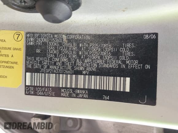 ✅ 2007 Toyota Highlander • VIN: JTEGP21A370126601 • Лот: 42107666. Опубликован ранее на IAAI с пробегом 153 509 миль. Бесплатный доступ к архиву аукционных продаж из США и подробный отчёт об истории автомобиля на DreamBid. Изображение 9.