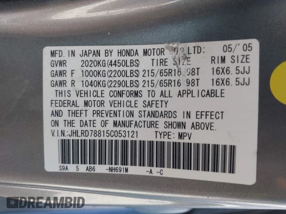 ✅ 2005 Honda CR-V EX • VIN: JHLRD78815C053121 • Lot: 43842520. Wystawiony na IAAI z przebiegiem 168 610 mil. Bezpłatny archiwum sprzedaży aukcyjnych z USA i szczegółowy raport historii pojazdu na DreamBid. Zdjęcie 9.