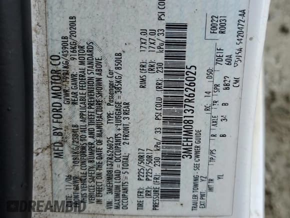 ✅ 2007 Mercury Milan Premier • VIN: 3MEHM08137R626025 • Lot: 87372635. Listed on Copart with 267,363 mi. Free auction sales archive from the USA and detailed vehicle history report at DreamBid. Image 13.