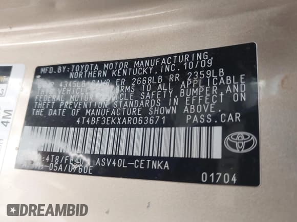 ✅ 2010 Toyota Camry • VIN: 4T4BF3EKXAR063671 • Lot: 42601366. Listed on IAAI with 154,584 mi. Free auction sales archive from the USA and detailed vehicle history report at DreamBid. Image 9.