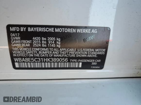 ✅ 2017 BMW 3 Series • VIN: WBA8E5C31HK389056 • Lot: 52616935. Listed on Copart with 83,235 mi. Free auction sales archive from the USA and detailed vehicle history report at DreamBid. Image 12.