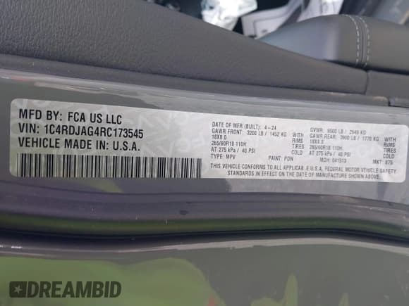 ✅ 2024 Dodge Durango SXT • VIN: 1C4RDJAG4RC173545 • Lot: 42028669. Listed on IAAI with 3,225 mi. Free auction sales archive from the USA and detailed vehicle history report at DreamBid. Image 9.