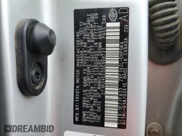 ✅ 2013 Toyota Matrix L • VIN: 2T1KU4EE5DC968731 • Lot: 61848135. Listed on Copart with 262,438 mi. Free auction sales archive from the USA and detailed vehicle history report at DreamBid. Image 12.