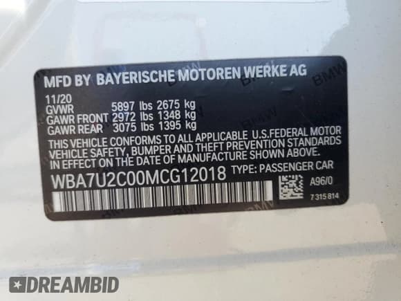 ✅ 2021 BMW 7 Series 750i xDrive • VIN: WBA7U2C00MCG12018 • Lot: 66362905. Listed on Copart with 76,277 mi. Free auction sales archive from the USA and detailed vehicle history report at DreamBid. Image 12.
