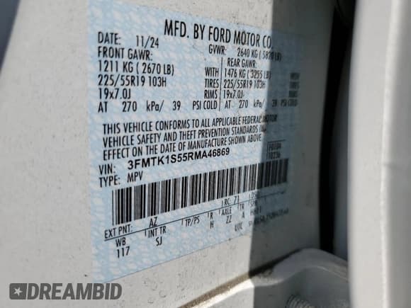 ✅ 2024 Ford Mustang Mach-E Select • VIN: 3FMTK1S55RMA46869 • Lot: 68308225. Listed on Copart with 2,231 mi. Free auction sales archive from the USA and detailed vehicle history report at DreamBid. Image 14.