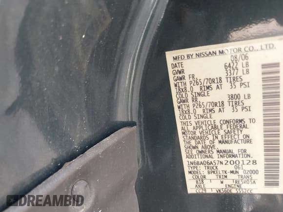 ✅ 2007 Nissan Titan LE • VIN: 1N6BA06A57N200128 • Lot: 42223329. Listed on IAAI with 200,066 mi. Free auction sales archive from the USA and detailed vehicle history report at DreamBid. Image 9.